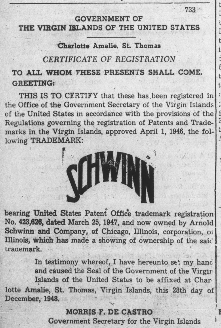 Schwinn Trademark Registration Notice — Virgin Islands, 1949 — page 1 of 1