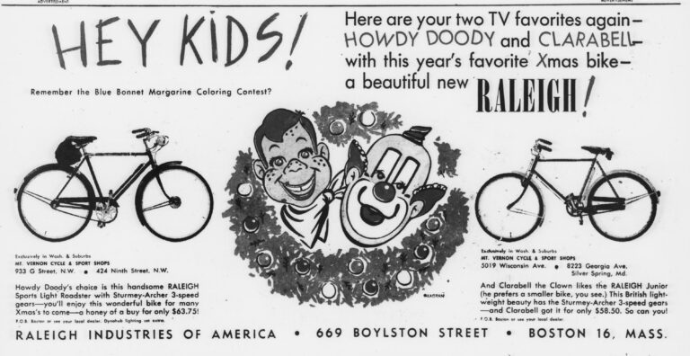 Raleigh 1953 Advertisement — Howdy Doody and Clarabell, and a Beautiful New Raleigh — page 1 of 1