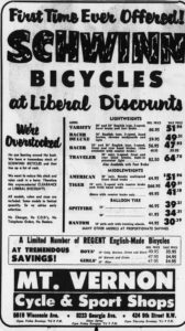 Boxed newspaper advertisement headed First Time Ever Offered, SCHWINN BICYCLES at Liberal Discounts, set entirely in type, with a model price table divided under the headings Lightweights, Middleweights and Balloon Tire listing the Varsity, Racer De Luxe, Racer, Traveler, American, Tiger, Spitfire and Bantom with regular and sale prices, a boxed offer of Regent English-Made Bicycles beneath, and the dealer name Mt. Vernon Cycle & Sport Shops reversed out of black bars at the foot.
