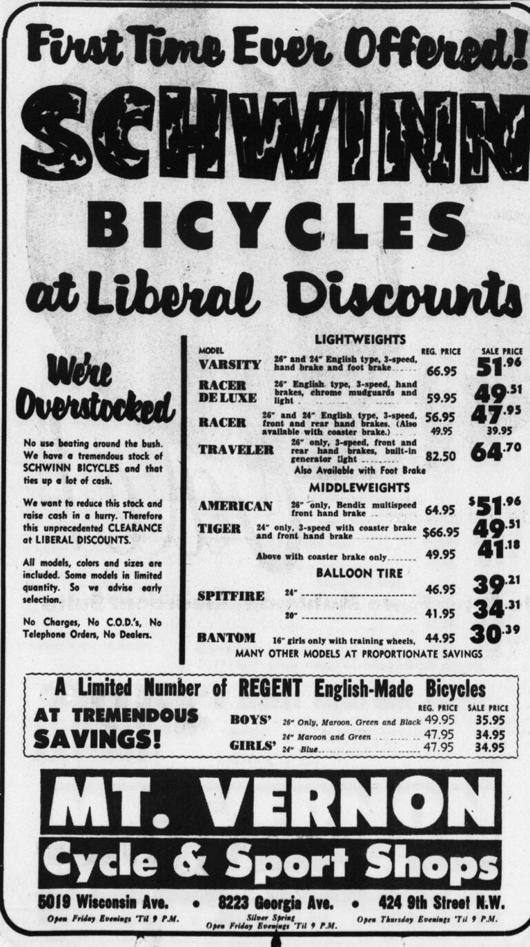 Schwinn 1956 Advertisement — Liberal Discounts, and a Range Split into Lightweights, Middleweights and Balloon Tire — page 1 of 1