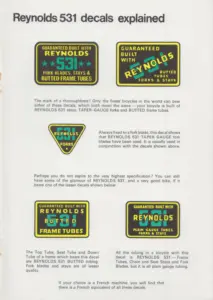 Page headed Reynolds 531 decals explained, showing five green, gold and black transfers arranged in three groups with a paragraph of explanation beside or beneath each.