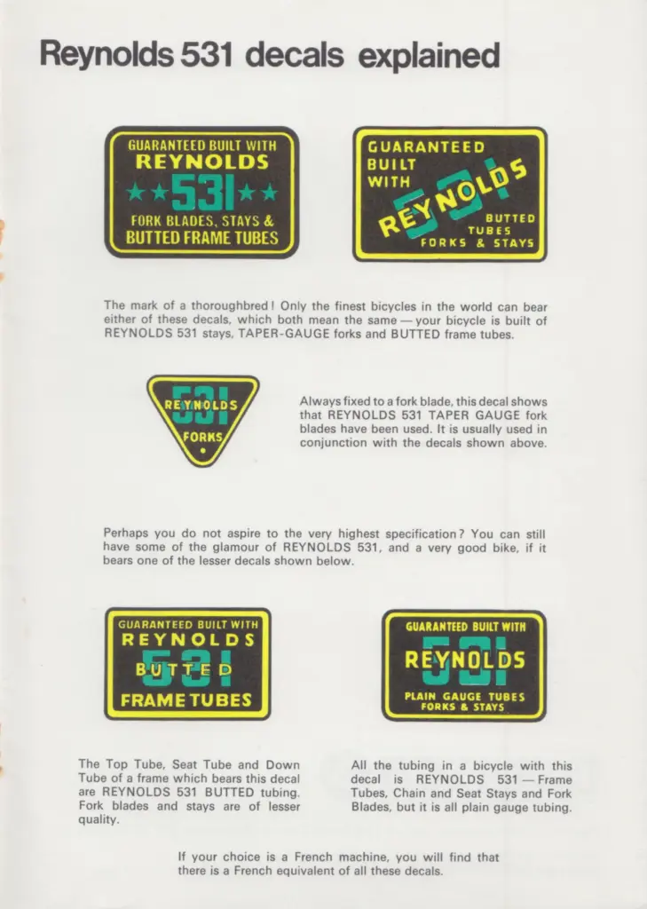Booklet page headed Reynolds 531 decals explained, reproducing five green, gold and black transfers: a starred rectangle and a diagonal design at the top, a small inverted triangle reading Reynolds 531 Forks in the middle and two lesser marks reading Butted Frame Tubes and Plain Gauge Tubes Forks and Stays at the foot, each with an explanation