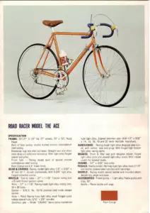 Catalog page for the Fuji Road Racer Model The Ace in pearl orange with blue bar tape, above a two-column specification list
