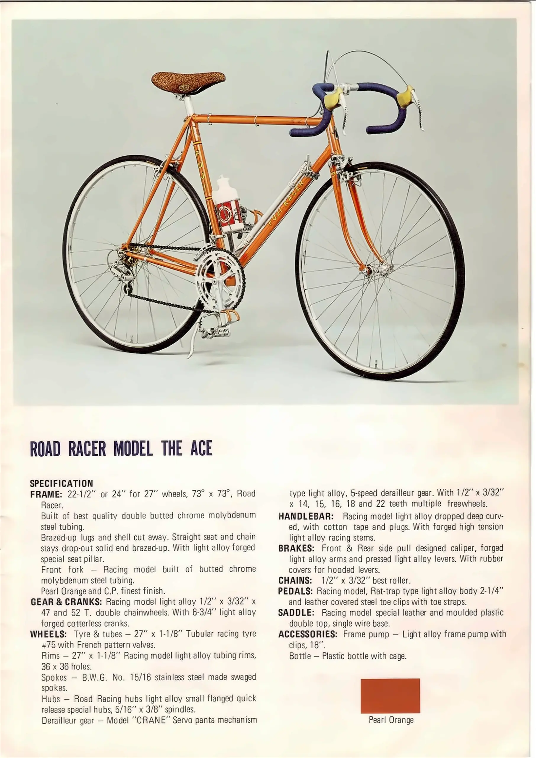 Catalog page for the Fuji Road Racer Model The Ace in pearl orange with blue bar tape, above a two-column specification list