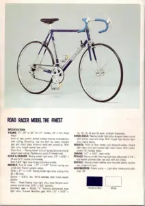 Catalog page for the Fuji Road Racer Model The Finest in rainbow blue with blue bar tape, above a two-column specification list