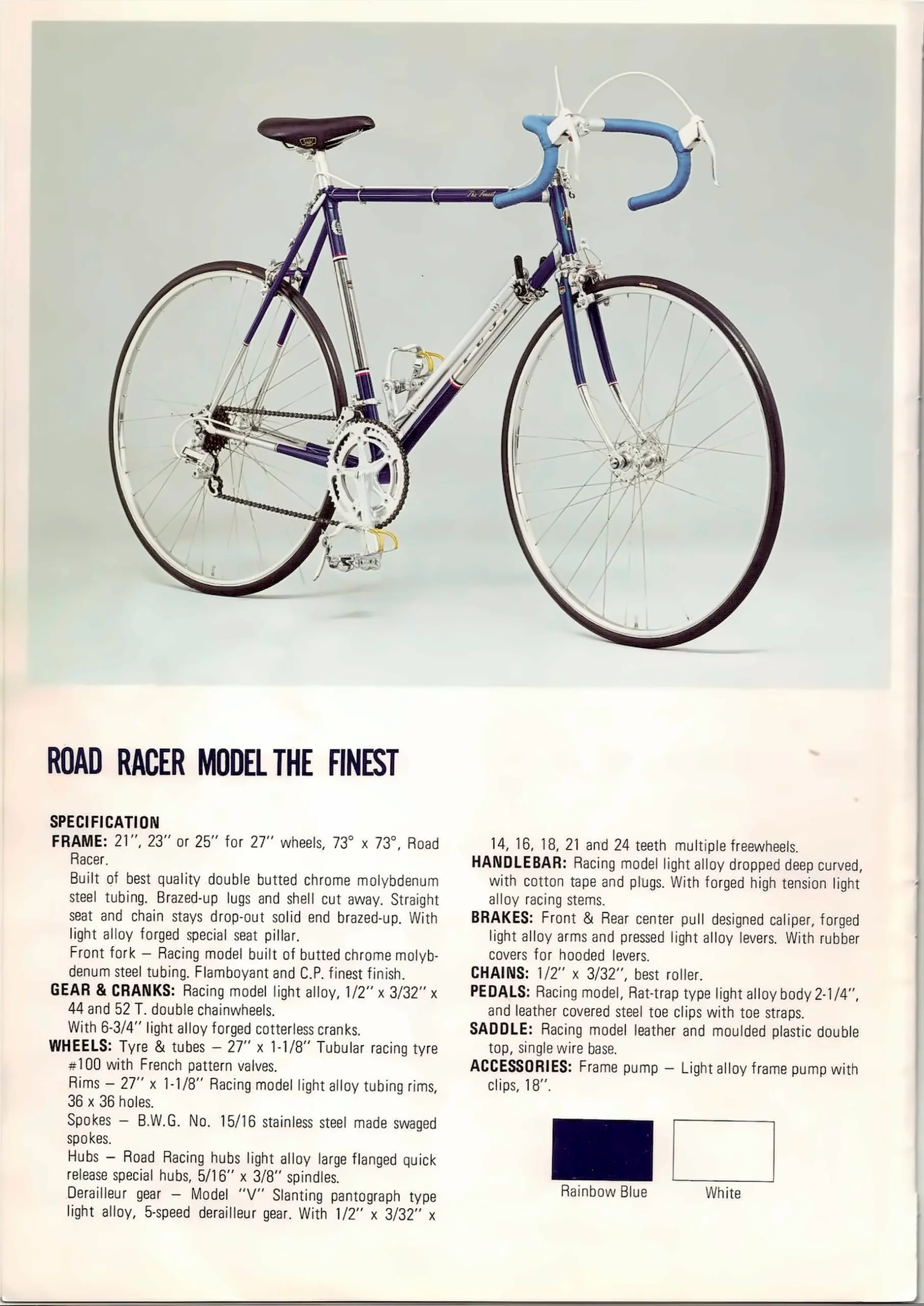 Catalog page for the Fuji Road Racer Model The Finest in rainbow blue with blue bar tape, above a two-column specification list