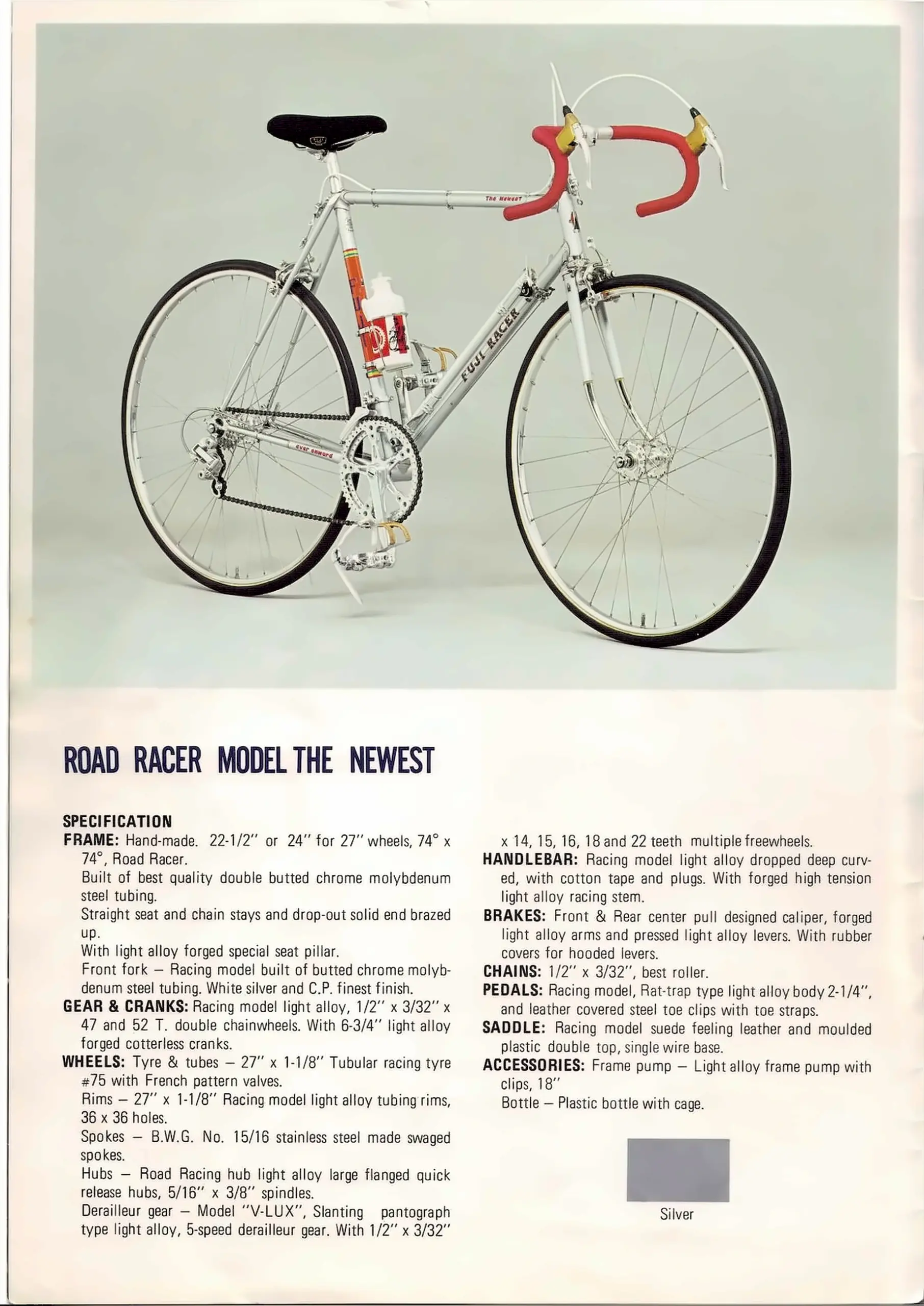 Catalog page for the Fuji Road Racer Model The Newest, a silver bicycle with red bar tape photographed against a pale ground above a two-column specification list