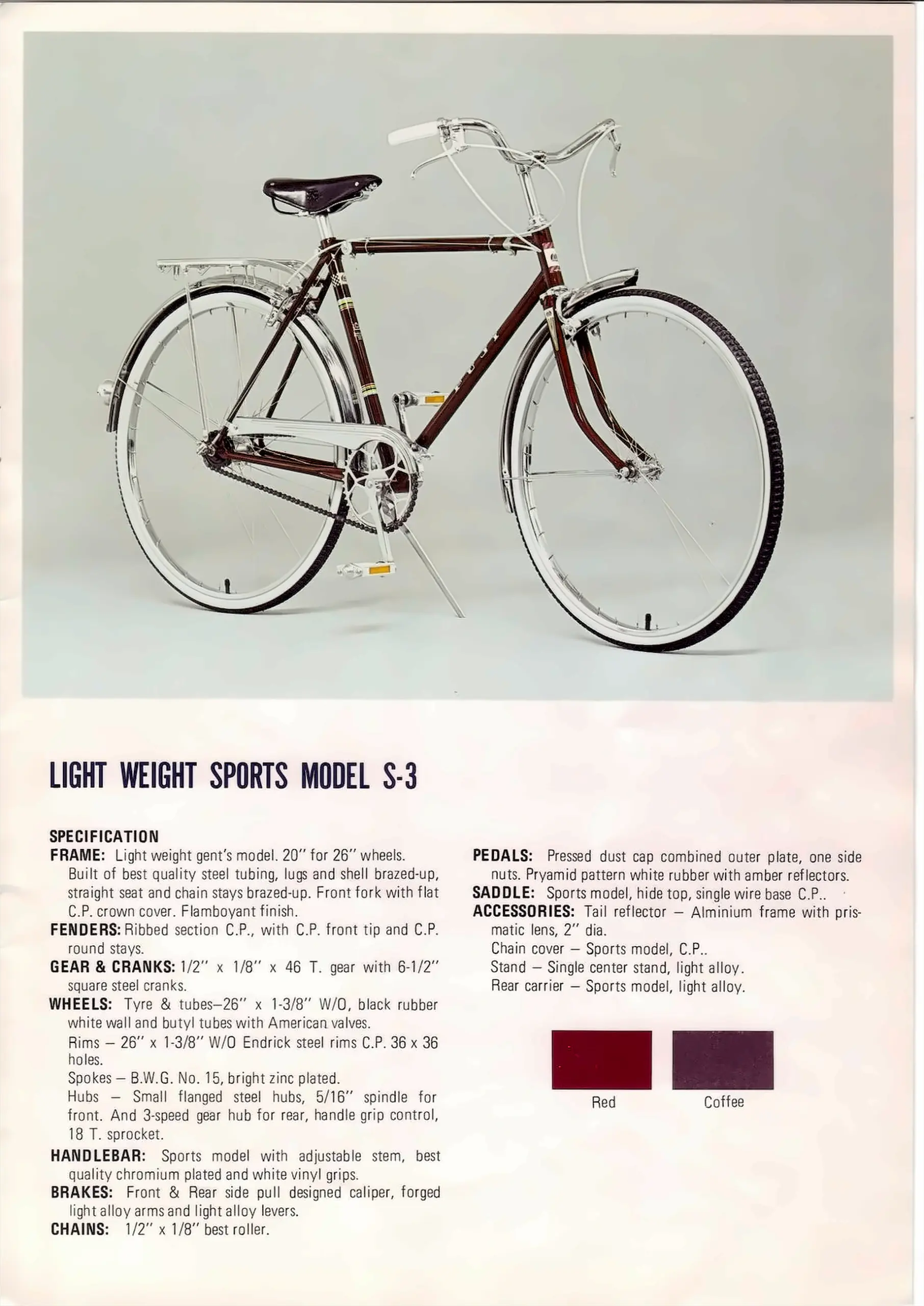 Catalog page for the Fuji Light Weight Sports Model S-3, a coffee-colored three-speed roadster with fenders, chain cover and rear carrier, above a specification list