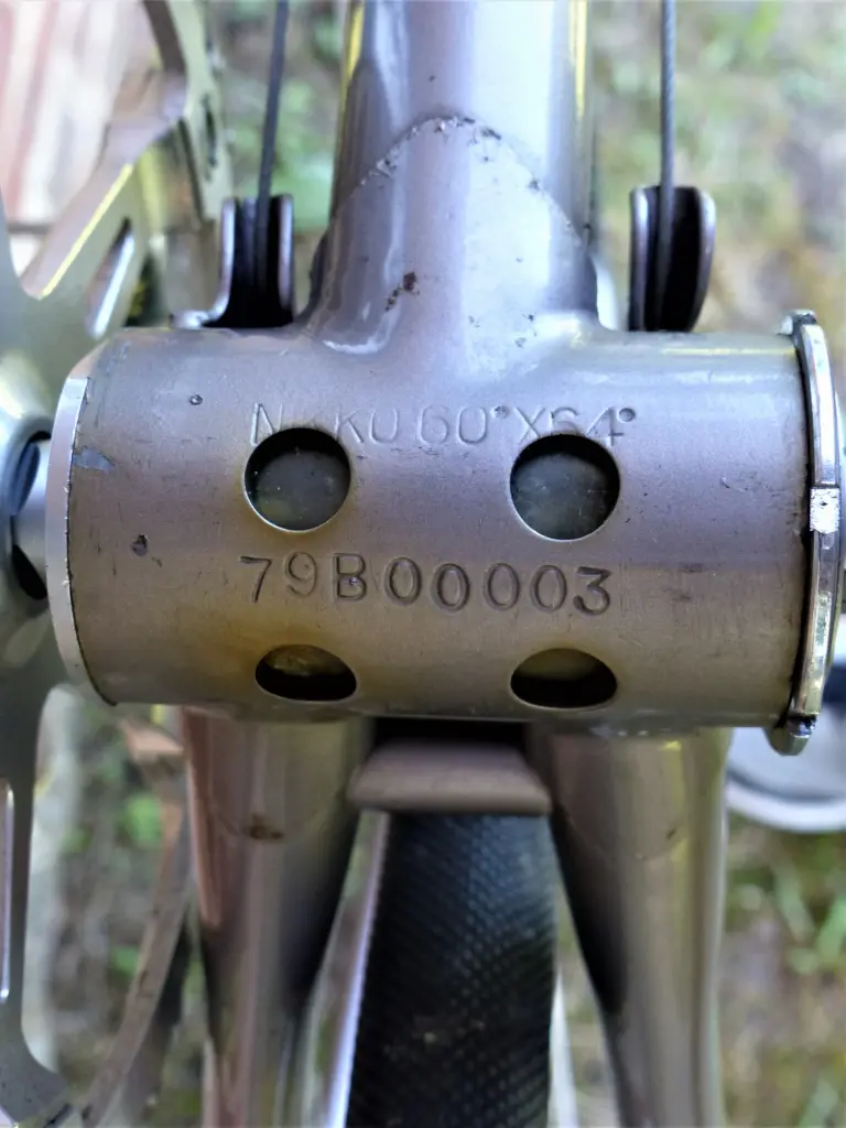 Underside of the silver bottom bracket shell of a 1979 Fuji Professional, photographed close up between the chainstays, stamped 79B00003 between two pairs of drain holes, with a second stamp above giving the shell angles 60 by 64 degrees