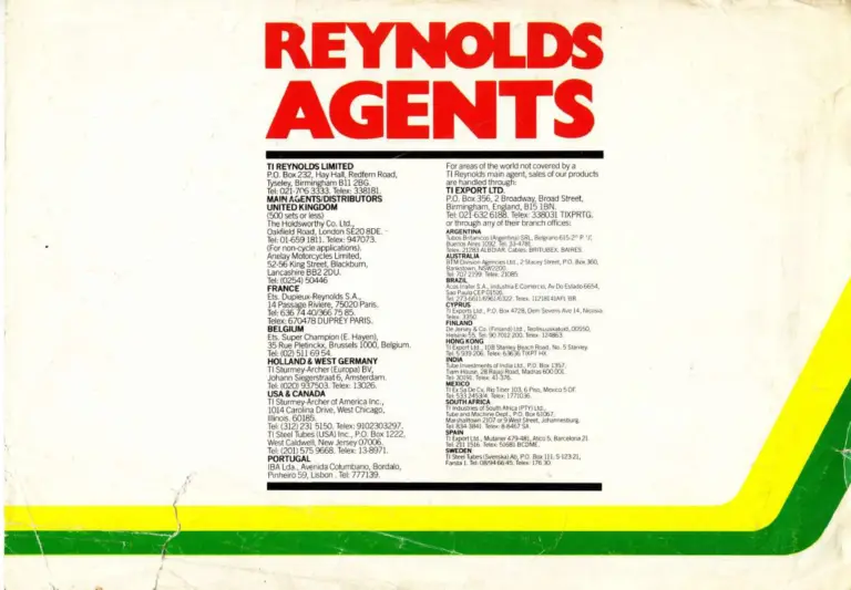 Reynolds c.1981 Transfers and Agents Sheet — All 24 Marks and the Worldwide Distributor List — page 2 of 2