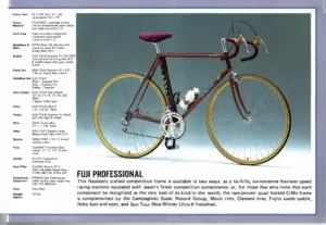 Catalog spread for the Fuji Professional in ruby red with gold Ukai tubular rims, alongside a full specification column naming FUJI 9658 quadruple butted tubing and SunTour Superbe Pro equipment
