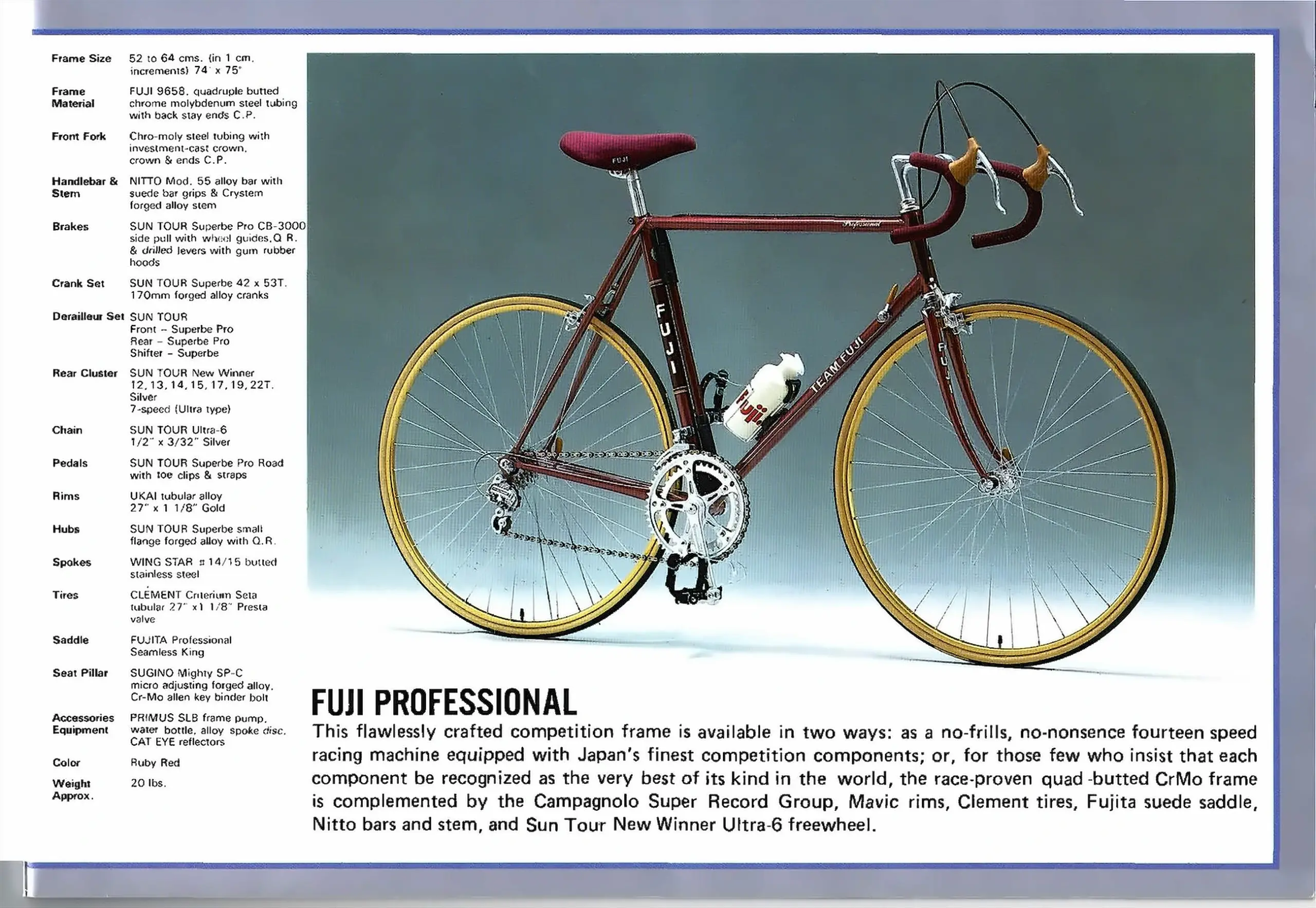Catalog spread for the Fuji Professional in ruby red with gold Ukai tubular rims, alongside a full specification column naming FUJI 9658 quadruple butted tubing and SunTour Superbe Pro equipment