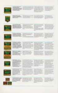 Page of nine colored Reynolds transfers down the left margin including 531 tandem, 531 and 501 All-Terrain, 500 Cr-Mo and 453, with three red and black respray transfers at the foot, each described in four languages.