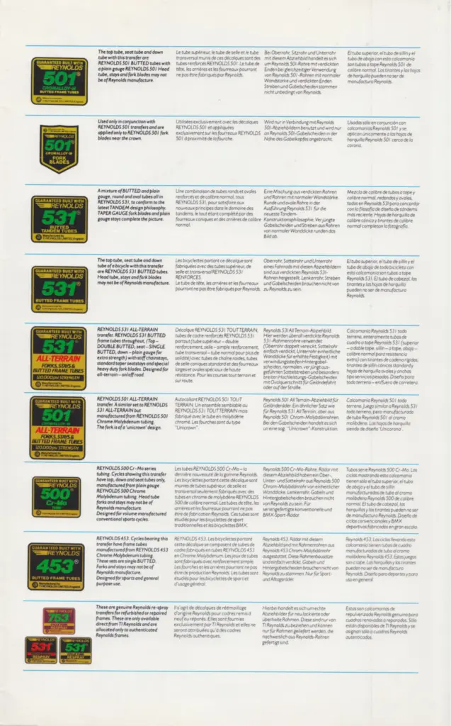 Folder page pairing nine Reynolds transfers with descriptions in English, French, German and Spanish: 501 Cromalloy-M frame and fork marks, a 531 butted tandem mark, a 531 butted frame tubes mark, 531 and 501 All-Terrain marks, 500 Cr-Mo and 453, with three small rectangular respray transfers at the foot