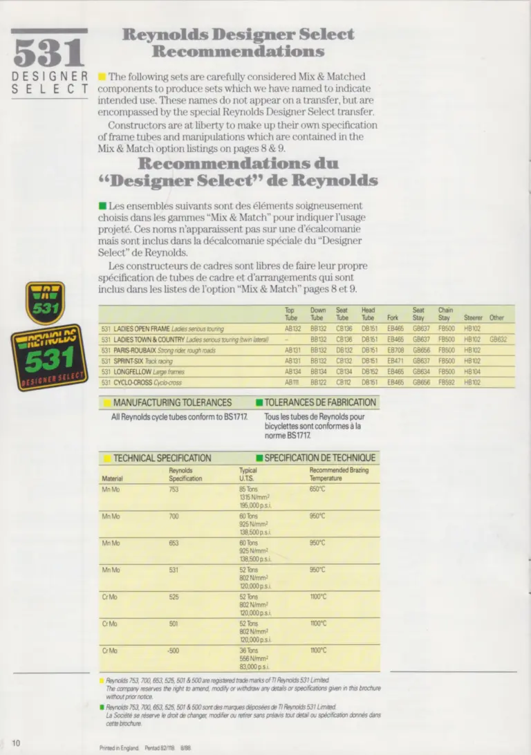 Reynolds 1988 Product Range — Every Tube Set by Part Number, With Brazing Temperatures — page 10 of 12