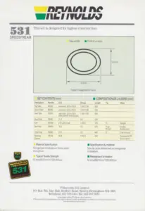 Single-sheet Reynolds data sheet headed 531 SPEEDSTREAM, with the yellow and green Reynolds wordmark at the top, a pale green panel showing an oval tube section dimensioned 23.5 by 33.5 millimeters, a bilingual set contents table beneath, and a 531 Designer Select decal at the lower left.