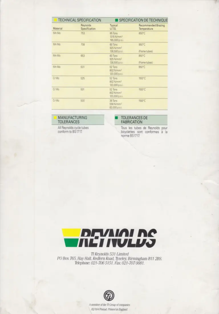 Reynolds 1990 Product Range — Every Tube Set by Part Number, and the Brazing Temperatures — page 16 of 16