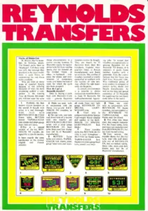 Single sheet headed REYNOLDS TRANSFERS in red over a green and yellow border, with four columns of small text above a grid of 10 numbered green, gold and black frame transfers.
