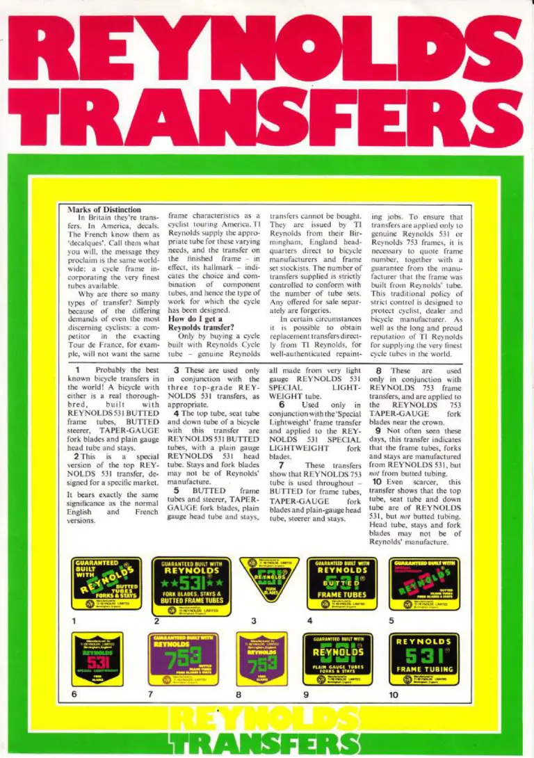 Reynolds c.1978 Transfers Leaflet — The 10 Marks and Why They Cannot Be Bought — page 1 of 1