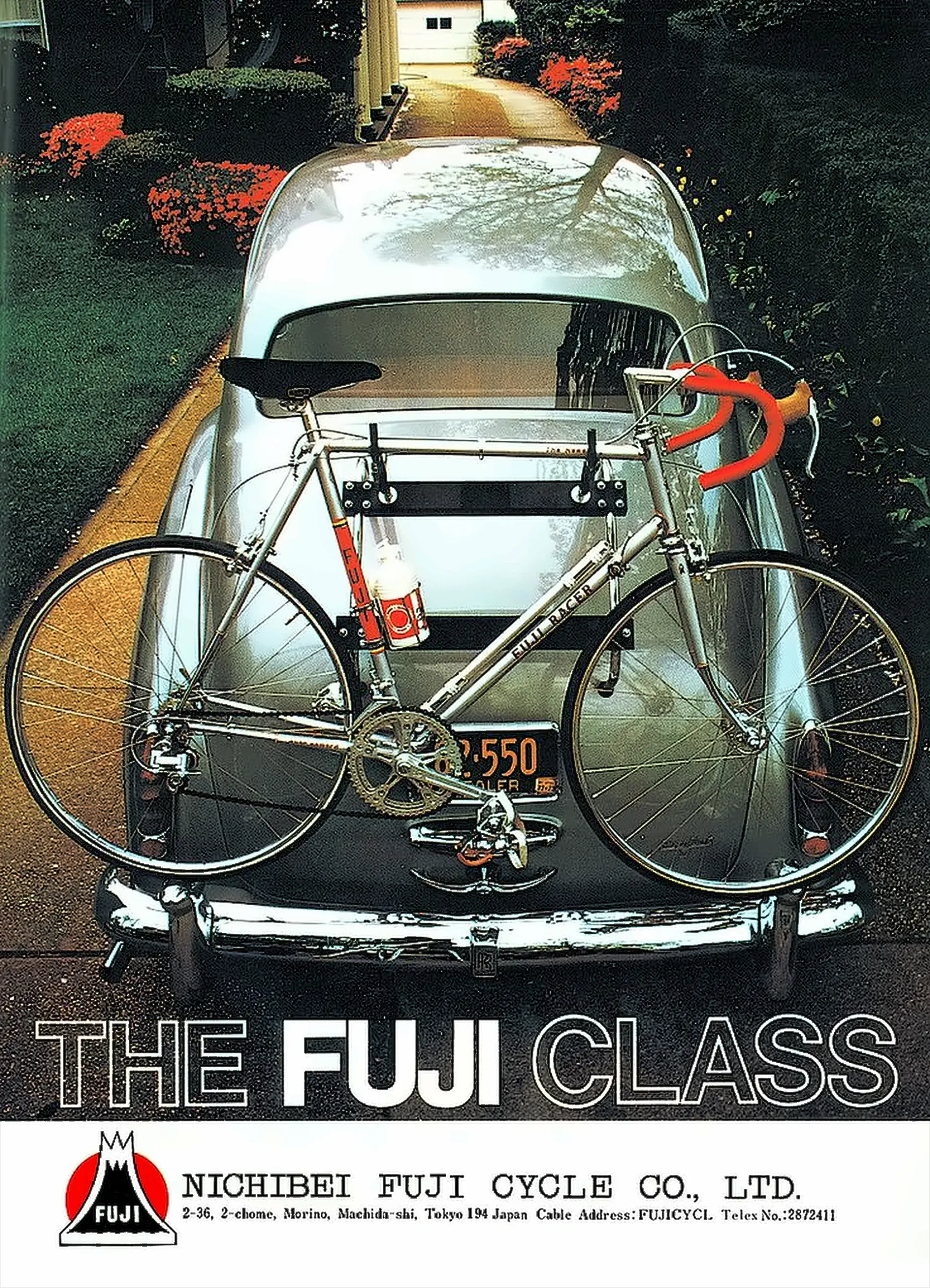 Catalog cover showing a chrome Fuji Racer bicycle mounted on the rear of a Rolls-Royce in a suburban driveway, above the words The Fuji Class