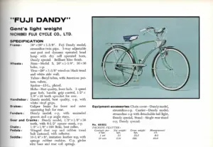 English-language catalog page for the Fuji Dandy gent's lightweight, showing a green streamline twin-pipe roadster with chain cover, rear carrier and dynamo lamp beside a full specification column