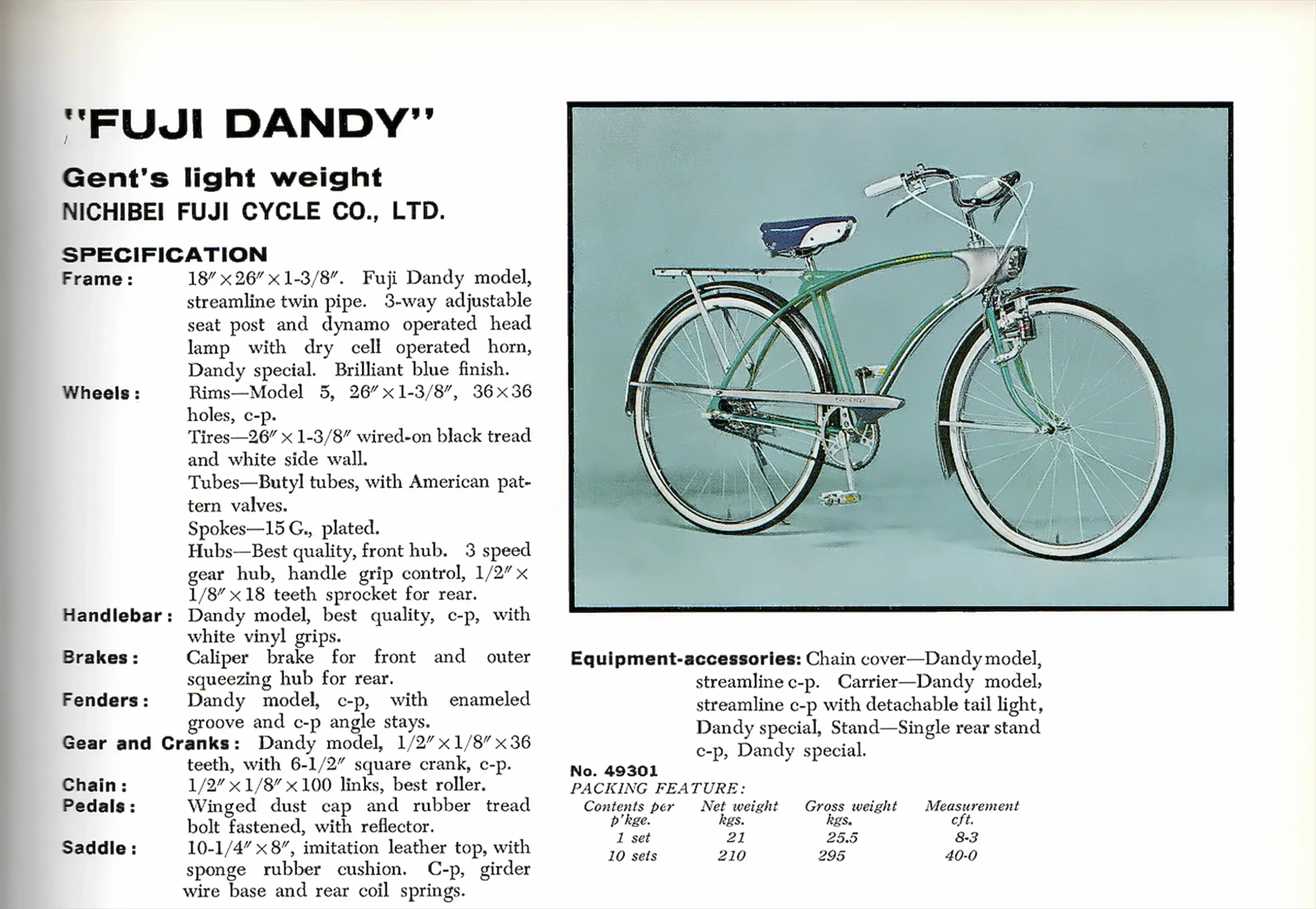 English-language catalog page for the Fuji Dandy gent's lightweight, showing a green streamline twin-pipe roadster with chain cover, rear carrier and dynamo lamp beside a full specification column
