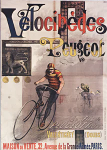 Peugeot poster of about 1891: VÉLOCIPÈDES PEUGEOT in large blue, red, yellow and black letters threaded through a riveted iron frame, the Peugeot lion on an arrow on an iron plaque with three gold medals, and a racing cyclist in a striped jersey on a cross-frame safety bicycle with a pack of riders behind.