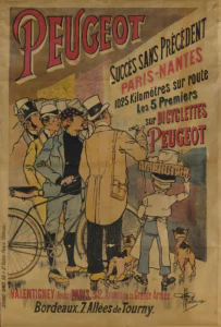 Peugeot poster of about 1895 by Albert Guillaume: a crowd of men in top hats, boaters and caps reads a result on a wall, SUCCÈS SANS PRÉCÉDENT PARIS-NANTES, the first five on Peugeot bicycles, with a diamond-frame Peugeot bicycle, two dogs and a baker's boy with a basket on his head.