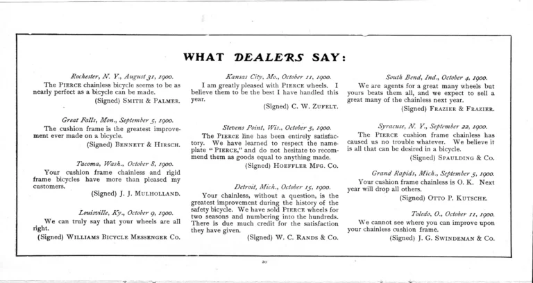 Pierce 1901 Catalog — The Eleventh Annual Catalogue, from the Regular Line to the Cushion Frame Chainless and the Pan-American Special — page 21 of 34