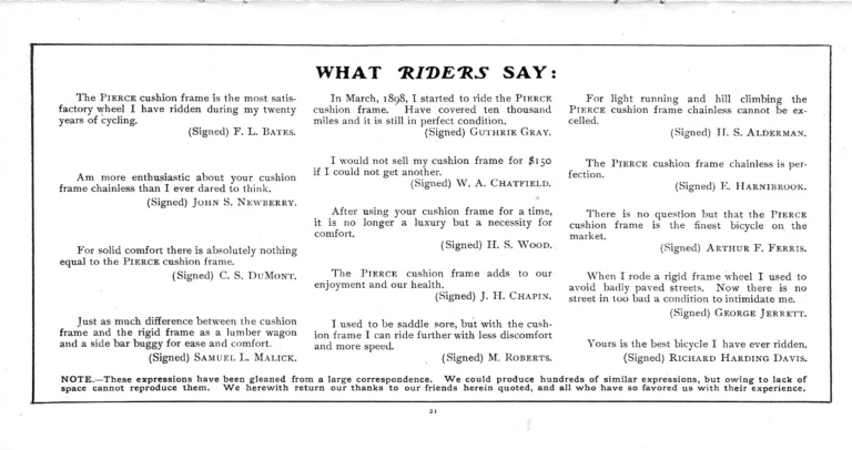 Pierce 1901 Catalog — The Eleventh Annual Catalogue, from the Regular Line to the Cushion Frame Chainless and the Pan-American Special — page 22 of 34