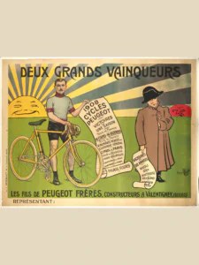 Landscape Peugeot poster of 1908 by Mich shown whole on a cream ground: a racing cyclist with a yellow bicycle and a long scroll of victories faces Napoleon holding a short scroll of his own, under DEUX GRANDS VAINQUEURS.
