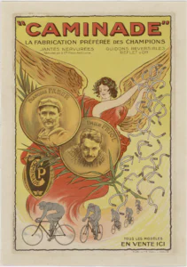Caminade poster: a winged woman in red flies in with handlebars tumbling behind her and gold medallions of François Faber and Émile Friol, a Caminade head badge among palm fronds and a curving line of racing cyclists in gray, under "CAMINADE" LA FABRICATION PRÉFÉRÉE DES CHAMPIONS.