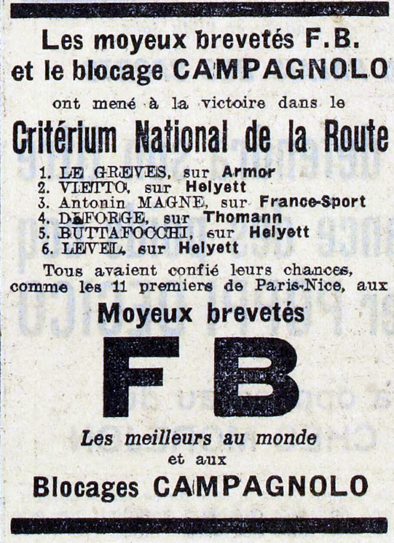 Campagnolo 1935 Advertisement — F.B. Hubs and Campagnolo Blocages in the Critérium National de la Route — page 1 of 1