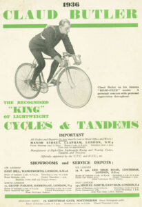 Front cover of the 1936 Claud Butler catalog, printed in green and black: the year 1936 and the name CLAUD BUTLER over a photograph of Claud Butler on his Road-Path model, with the addresses of the works and showrooms below.