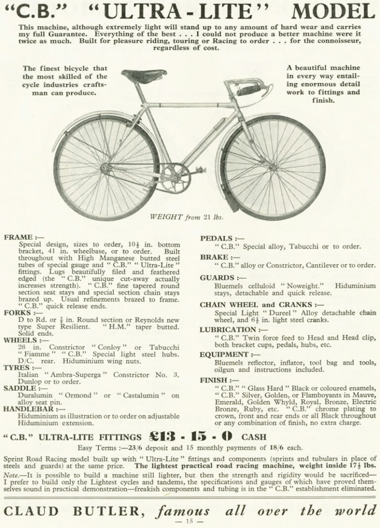 Claud Butler 1936 Catalog — Lightweight Cycles and Tandems, from the All-Rounder to the Record Olympic — page 15 of 28