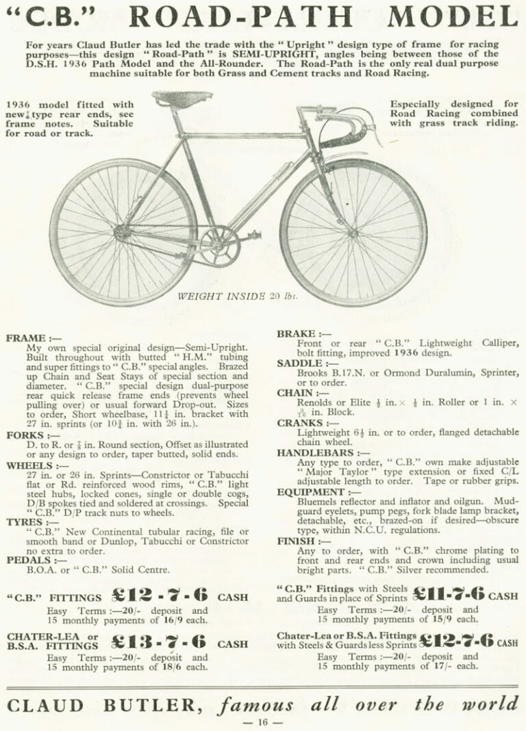 Claud Butler 1936 Catalog — Lightweight Cycles and Tandems, from the All-Rounder to the Record Olympic — page 16 of 28