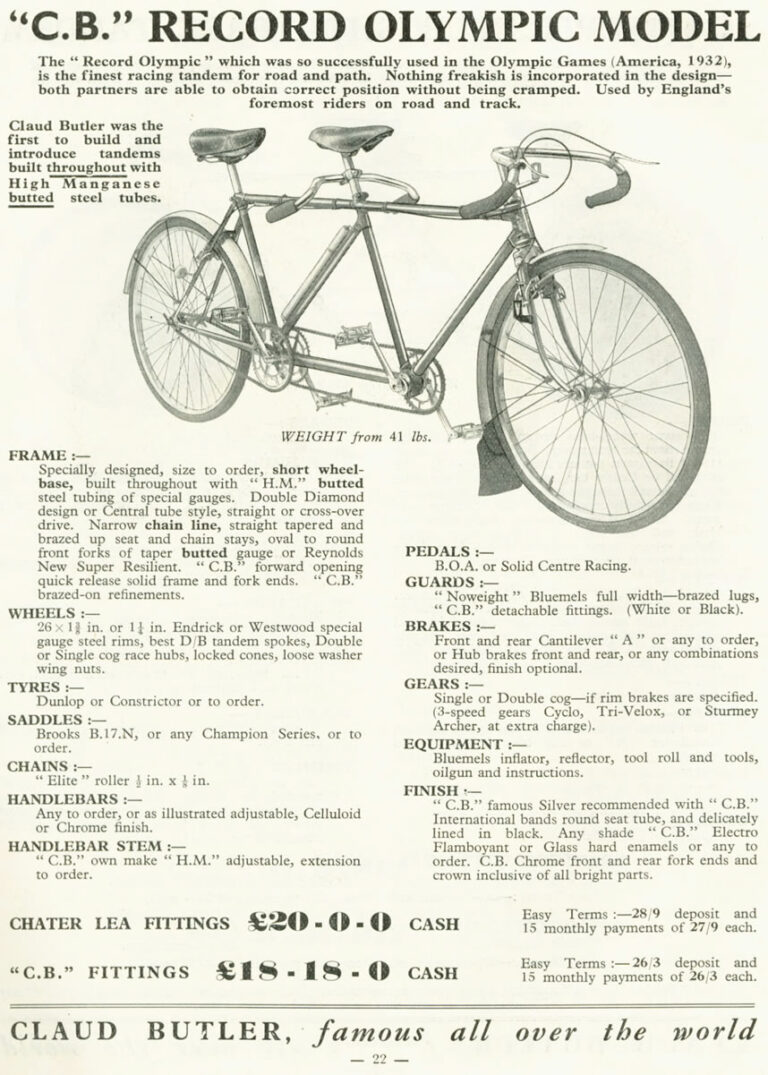 Claud Butler 1936 Catalog — Lightweight Cycles and Tandems, from the All-Rounder to the Record Olympic — page 22 of 28