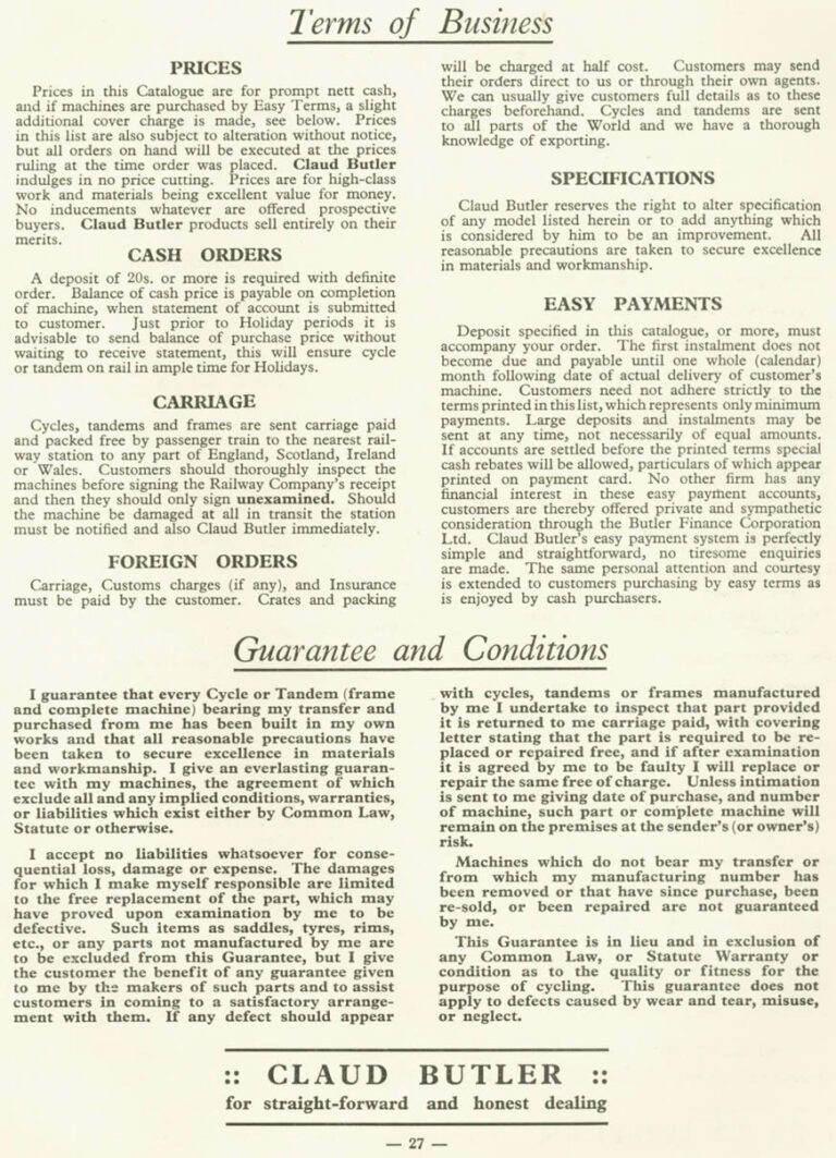 Claud Butler 1936 Catalog — Lightweight Cycles and Tandems, from the All-Rounder to the Record Olympic — page 27 of 28