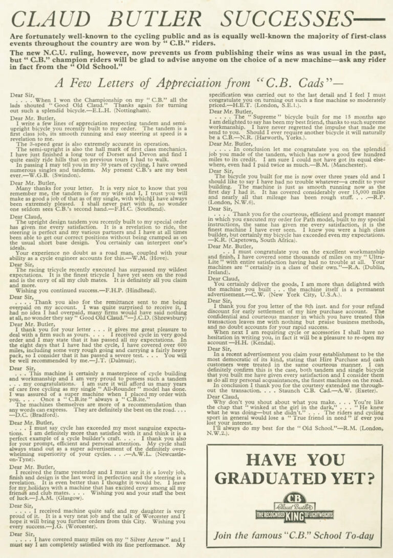 Claud Butler 1936 Catalog — Lightweight Cycles and Tandems, from the All-Rounder to the Record Olympic — page 28 of 28