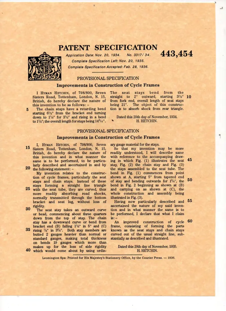 Hetchins Patent No. 443,454 — Curved Seat and Chain Stays, the Vibrant Rear Triangle (Applied 1934, Accepted 1936) — page 1 of 2