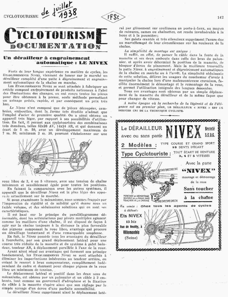 Un Dérailleur à Engrainement Automatique: Le Nivex — Cyclotourisme, July 1938 — page 1 of 1