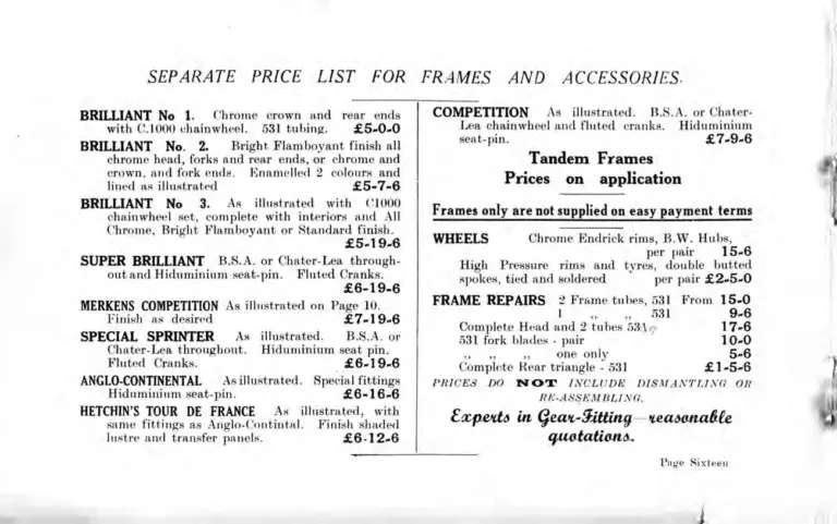 Hetchins 1938 Catalog — Brilliant, Anglo Continental, Tour de France and Toni Merkens Models and the Short Wheel-Base Tandem, with Two Letters — page 18 of 23