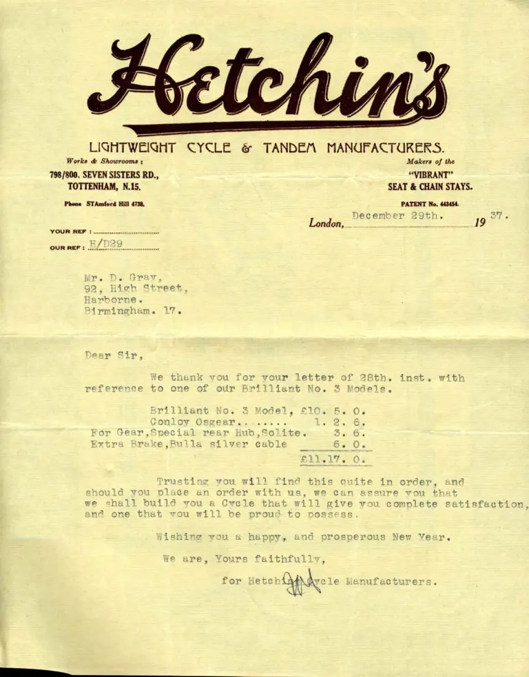 Hetchins 1938 Catalog — Brilliant, Anglo Continental, Tour de France and Toni Merkens Models and the Short Wheel-Base Tandem, with Two Letters — page 22 of 23