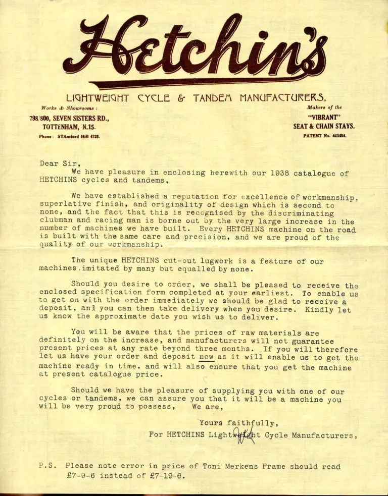 Hetchins 1938 Catalog — Brilliant, Anglo Continental, Tour de France and Toni Merkens Models and the Short Wheel-Base Tandem, with Two Letters — page 23 of 23
