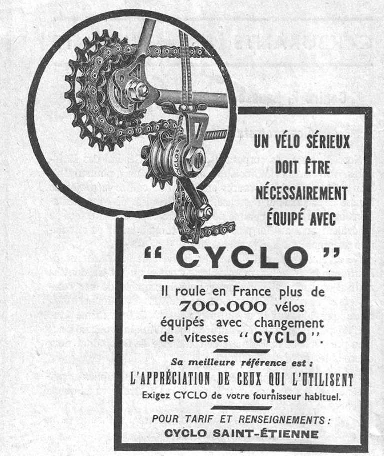 Cyclo 1938 Advertisement — A Serious Bicycle Must Have the Cyclo Gear, 700,000 in France — page 1 of 1