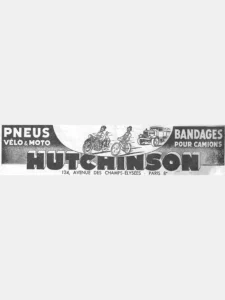 Hutchinson advertisement from L'Officiel, 16 January 1938, page 24: two identical cartoon men with curled moustaches, peaked caps and polka-dot overalls speed along a road, one on a motorcycle with a dog riding behind him and the other on a bicycle, followed by a lorry, all with speed lines.