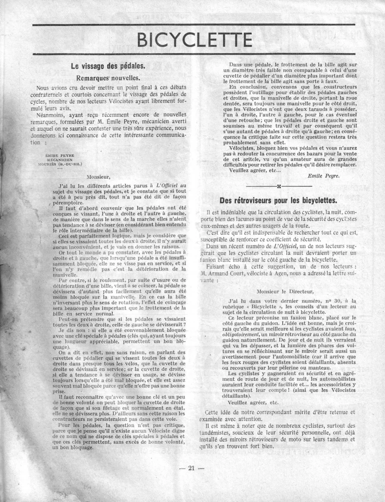 Bicyclette — L'Officiel, 16 January 1938, Screwing On Pedals and Mirrors for Bicycles — page 1 of 1