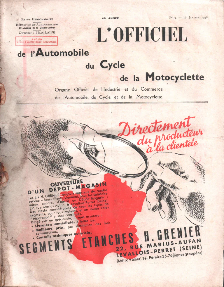 L'Officiel de l'Automobile, du Cycle et de la Motocyclette January 1938 Cover — H. Grenier Piston Rings — page 1 of 1