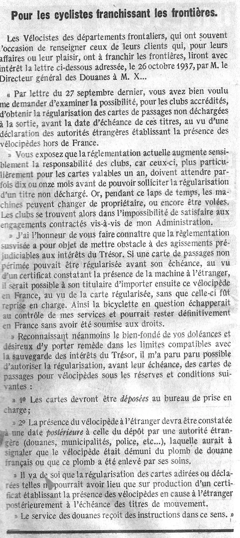 Pour les cyclistes franchissant les frontières — L'Officiel, 16 January 1938 — page 1 of 1