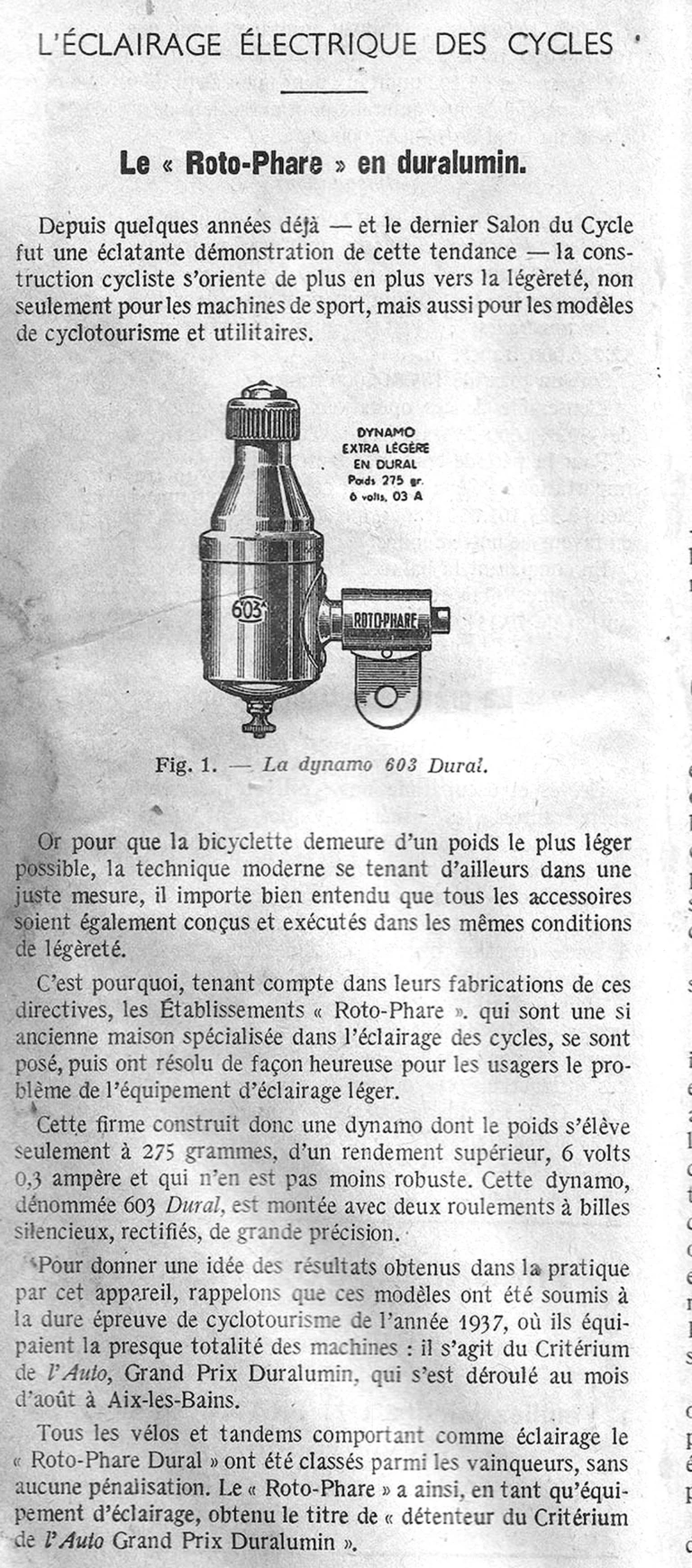 Le Roto-Phare en duralumin — L'Officiel, 16 January 1938, the 603 Dural Dynamo and Headlamp — page 1 of 2